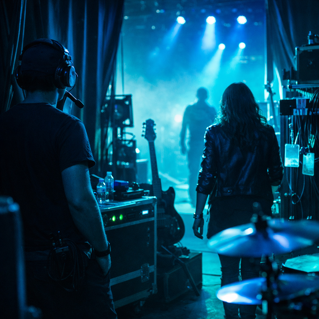 A conceptual image to represent a backstage at a music event or show  photophic in style should use colour palette tones including 02aaa8 and 011ccb A